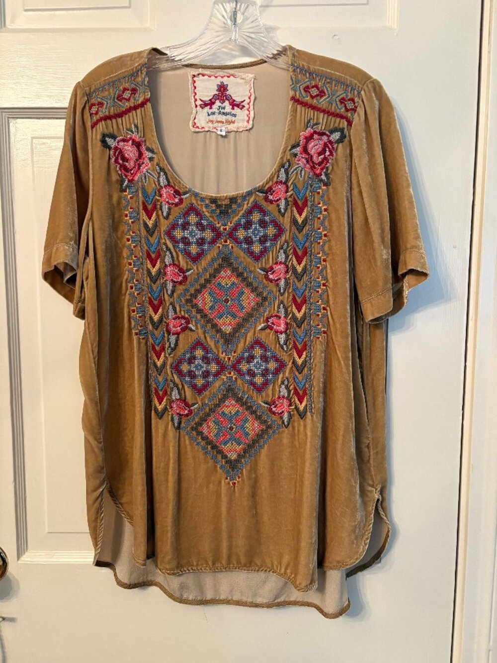 Johnny Was tan embroidered velvet top